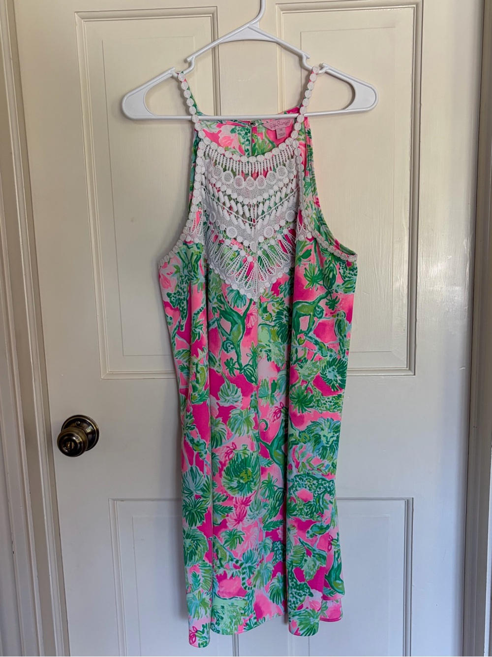 Lilly Pulitzer Pink and Green Floral Halter Dress with Lace Yoke